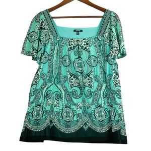 Apt 9 Womens 1X Plus Size Square Neck Top‎ Boho Green Paisley Flutter Sleeve